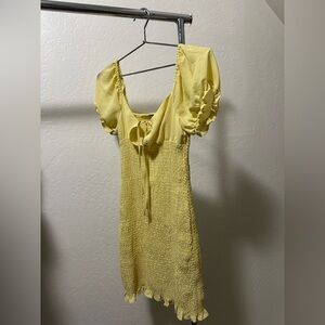 Love Tree Yellow Smocked Midi Dress with Puff Sleeves and Tie Front